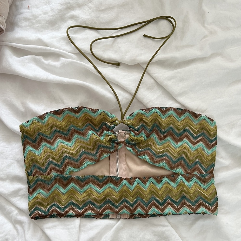 Green patterned knit halter crop top—festival wear